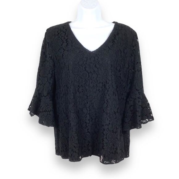 LOFT Black Lace V-Neck Ruffle Sleeve Top size M - Picture 1 of 6